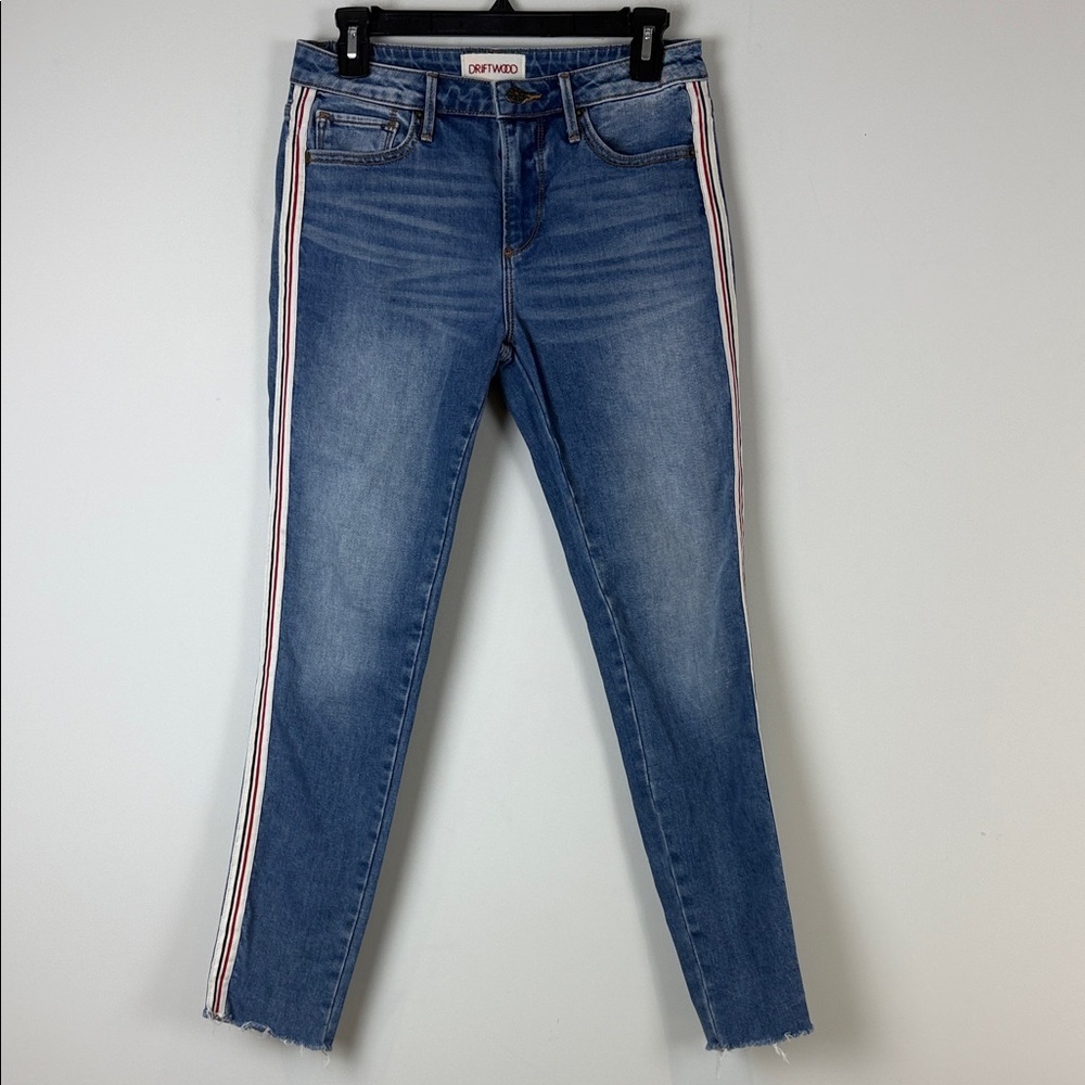 Anthro DRIFTWOOD Jackie Blue Jeans with Red and White Stripes Size 26